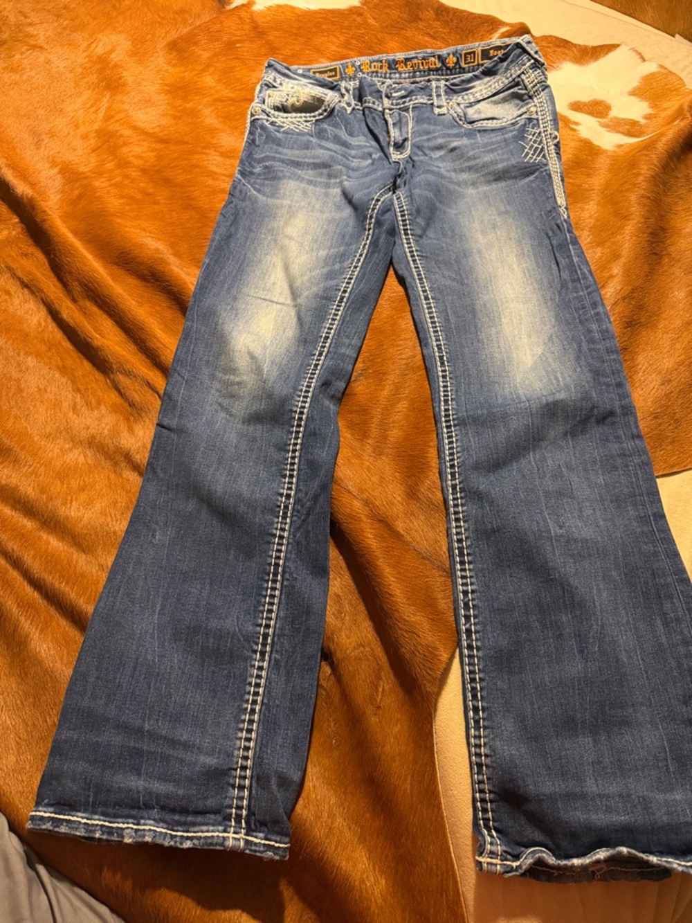 Rock Revival Women’s Flare Jeans in Distressed Blue